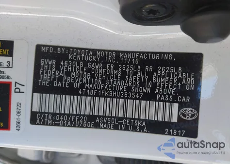 2017 Toyota Camry Se from USA, damaged, VIN 4T1BF1FK9HU363547